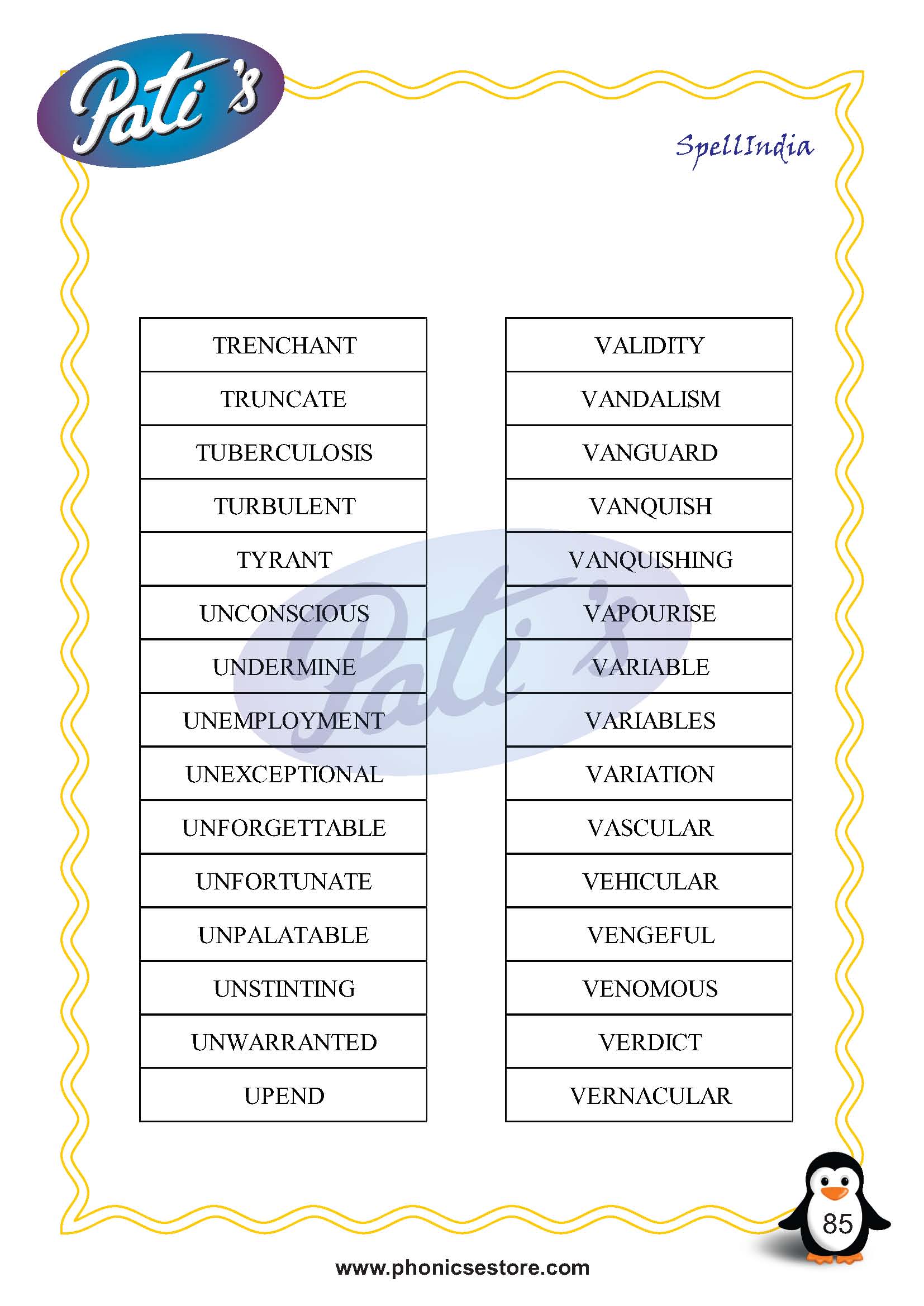 class 6 word list based spell bee exam